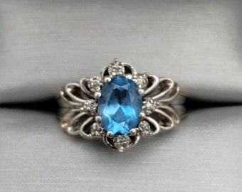 Vintage Oval Swiss Blue Topaz & Diamond Ring 10k white gold size 9