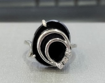 Vintage 1950&#39;s Era Oval Black Onyx & Diamond Ring 10K White Gold Size 5 1/4