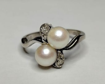 Natural Double Pearl & Diamond Ring 10K White Gold Size 6 1/4