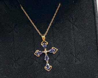 Vintage 14k Yellow Gold Tanzanite Cross Crucifix Pendant Necklace