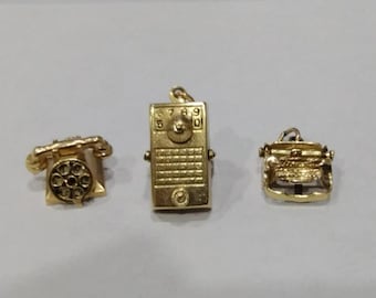 14K Yellow Gold Retro Gadget Charms - Rotary Phone - Typewriter - Transistor Radio