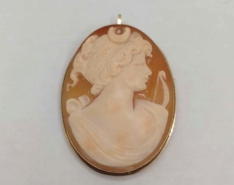 Vintage Shell Carved Cameo Brooch Pin Pendant 14k yellow gold