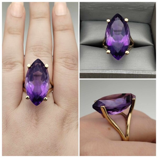 Large 29.50 Carat Natural Marquise Amethyst Cocktail Ring 14K Yellow Gold Size 10