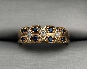 Vintage Natural Round Blue Sapphire & Diamond Band 10K Yellow Gold Size 6