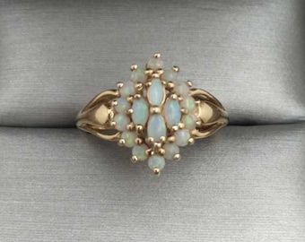 Natural White Opal Cluster Ring 14K Yellow Gold Size 8