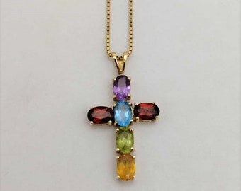 Multi-Gem Cross Necklace 14k yellow gold