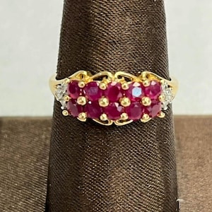 14k Yellow Gold Ruby Diamond Cluster Cocktail Ring - Size 10