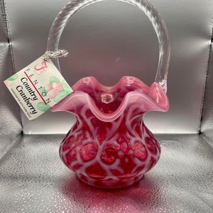 Fenton Art Glass Cranberry Opalescent Basket With Rope Handle