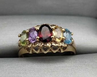 10K Yellow Gold Multi-Gemstone / Birthstone Ring Peridot, Amethyst, Garnet, Citrine, & Blue Topaz Size 7 1/4