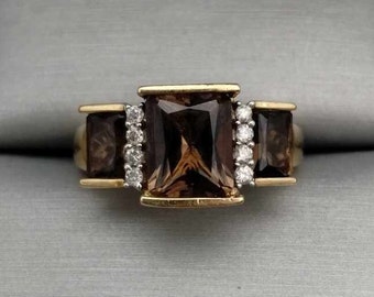 Natural Smoky Quartz & Diamond Ring 10K Yellow Gold Size 7