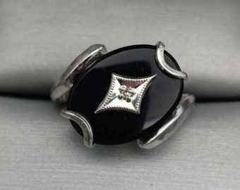 Vintage 1950's Era Oval Black Onyx & Diamond Ring 10K White Gold Size 6