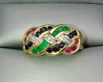 14K Yellow Gold Natural Ruby, Emerald, Diamond, and Sapphire Channel Twist Ring Size 8