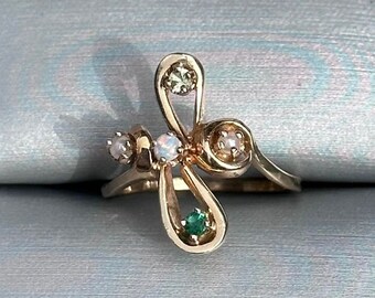 Vintage Dainty Cross Ring Featuring Natural Pearls, An Emerald, Opal, & Peridot 14K Yellow Gold Size 7