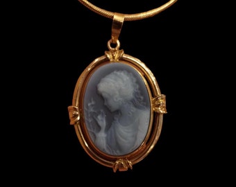 Vintage Style Carved Blue Lady Cameo Necklace 14k yellow gold