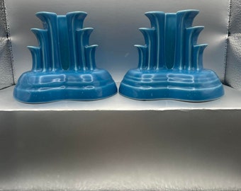 RARE* Fiesta Peacock Pair (2) Pyramid Candlestick Holders