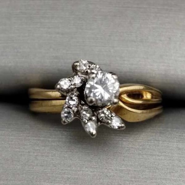 Round 0.40 Carat Natural Diamond Solitaire w/ Marquise Enhancer Bridal Set 14K Yellow Gold Size 5