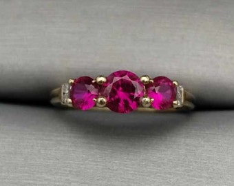 Three Stone Natural Round Simulated Ruby & Diamond Ring 10K White Gold Size 5 1/2