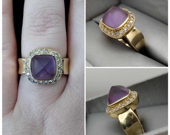 Pyramid Cut Natural Matte Finish Amethyst & Diamond Halo Ring 14K Yellow Gold Size 8