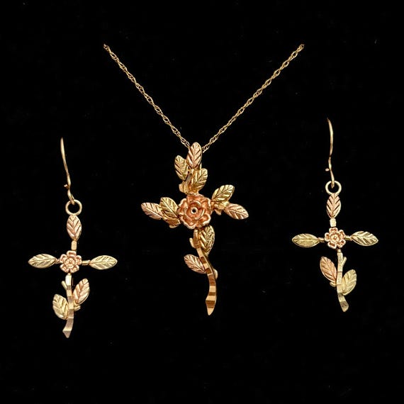 10kt Yellow and Rose Gold Black Hills Cross Necklace and Earring Set