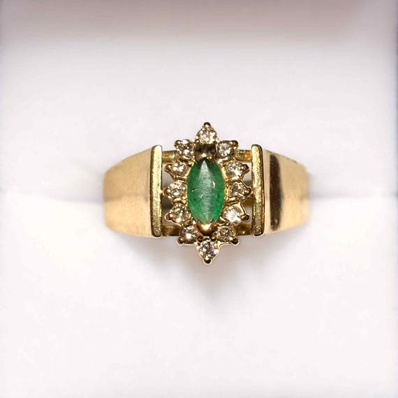 14kt Yellow Gold Marquise Emerald Ring with Diamond Accents, Size 10