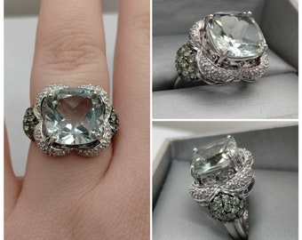 6 Carat Cushion Cut Prasiolite & Diamond Ring 14K White Gold Size 6 3/4