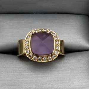 Pyramid Cut Natural Matte Finish Amethyst & Diamond Halo Ring 14K Yellow Gold Size 8