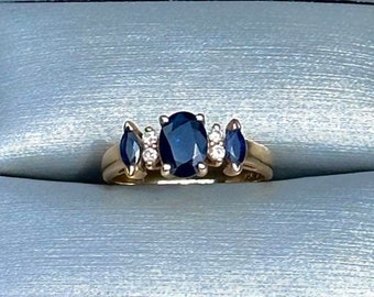 Vintage Three Stone Natural Oval and Marquise Blue Sapphire & Diamond Ring 14K Yellow Gold Size 5 3/4