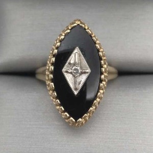 Vintage Art Deco Marquise Black Onyx & Diamond 10k yellow gold size 6 1/4