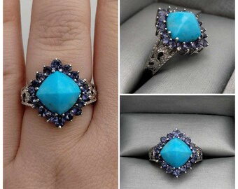 Pyramid Cut Natural Turquoise & Tanzanite Halo Ring 14K White Gold Size 6