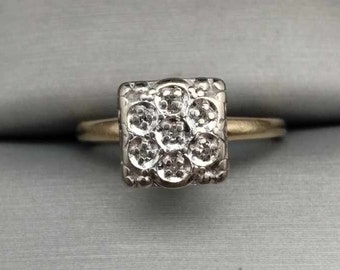 Vintage Round Natural Diamond Cluster Engagement Ring 10K yellow & white gold size 6 3/4