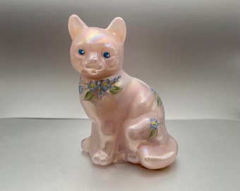 Fenton Hand Painted Pink Iridescent Cat