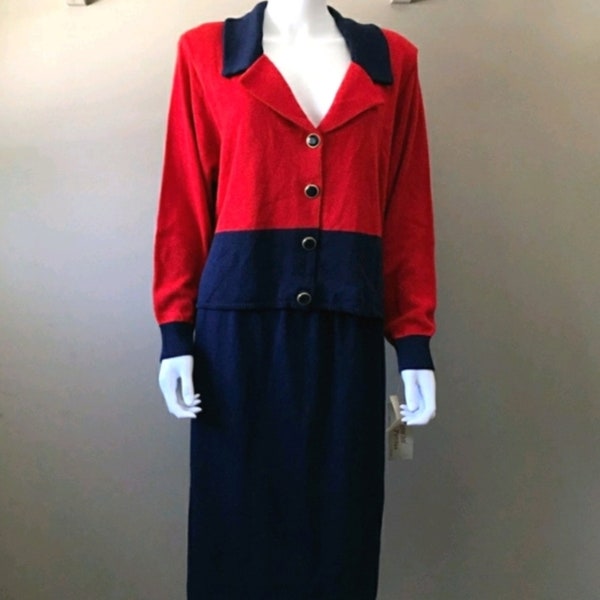 Vintage Sweater Set Skirt Top NOS Suit NWT Red Blue Classy Business Laura Petites By Alyzia