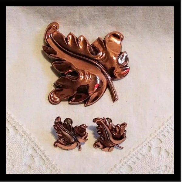 Vintage Copper Leaf Pin Brooch Earrings Stunning Set 1960s EUC gift for her