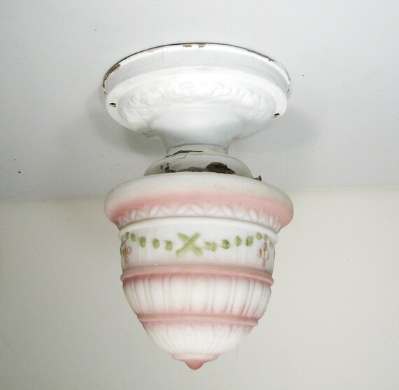 Vintage Ceiling Fixture Pink White Green Shabby Cottage Globe Etsy