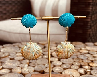 Türkisblau und Ausgeblichenes Gold Muscheln Ohrringe