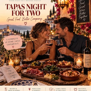 May include: A promotional graphic for The Little Escape Tapas Night for Two featuring text, a couple toasting with red wine, and a table spread with tapas dishes, bread, cheese, a wine bottle, candles, and a linen napkin with Spanish text.