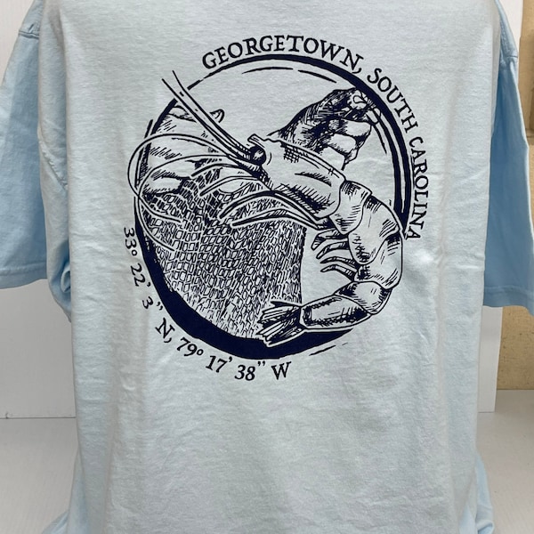 Georgetown S.C. Shrimp Coordinates Local T-Shirt, Screen Printed, Comfort Colors Brand Chambray, Adult sizes S-3XL
