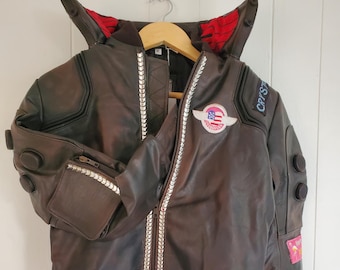 Giubbotto bomber in pelle da samurai cyberpunk 2077: pelle di pecora pieno fiore per cosplay