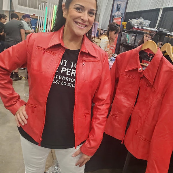 Red or Black Real Leather Jacket Inspired by the Style of Emma Swan on Once Upon a Time by Suzahdi