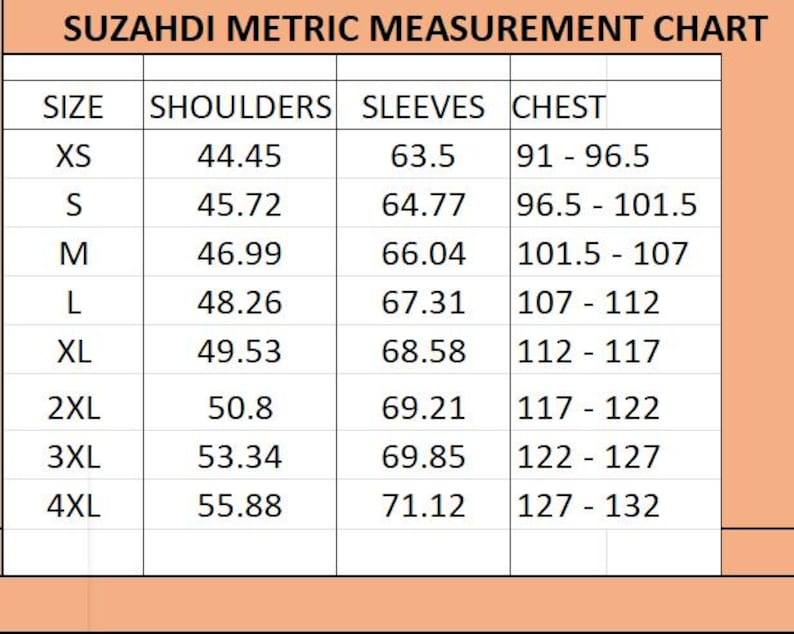 May include: A Suzahdi metric measurement chart with a peach-colored header. The table lists sizes from XS to 4XL with corresponding measurements in centimeters for shoulders, sleeves, and chest. The chest column displays ranges for each size.