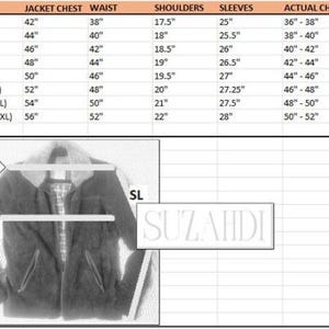 May include: A sizing chart for a jacket featuring a table with columns for size, jacket chest, waist, shoulders, sleeves, and actual chest size in inches. Below the table is a diagram of a jacket with labels SH for shoulders, SL for sleeves, and CH for chest, alongside the brand name SUZAHDI.