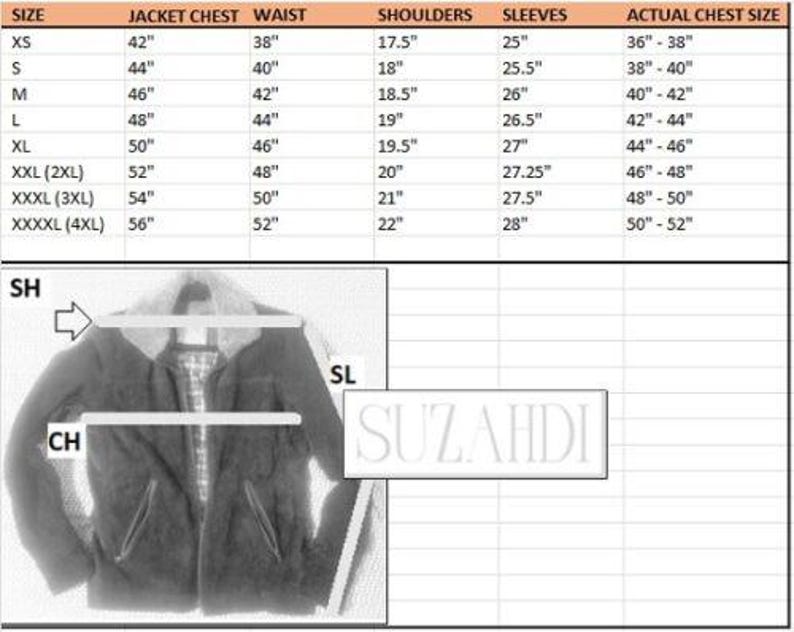 May include: A sizing chart for a jacket featuring a table with columns for size, jacket chest, waist, shoulders, sleeves, and actual chest size in inches. Below the table is a diagram of a jacket with labels SH for shoulders, SL for sleeves, and CH for chest, alongside the brand name SUZAHDI.