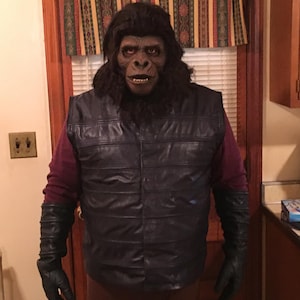 Pode incluir: Uma pessoa vestindo um colete de couro preto e luvas, com uma máscara de gorila marrom.