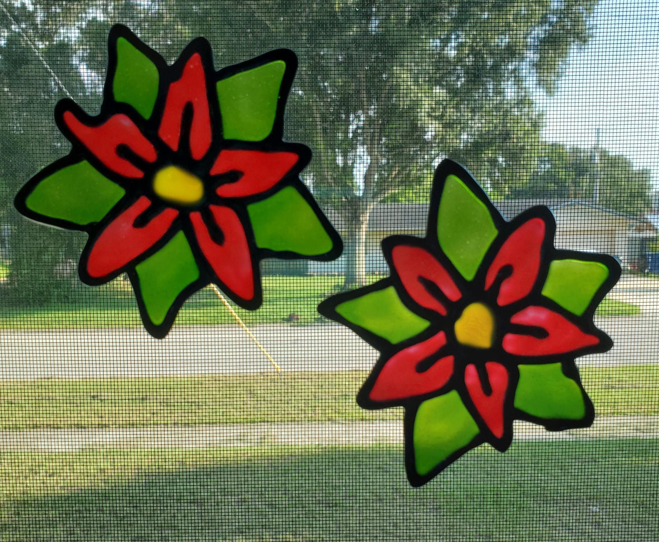 Gallery Glass Window Cling Christmas, (2) Poinsettia's
