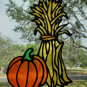 Gallery Glass Window Cling Fall, Corn Stalk w/ Pumpkin
