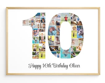 10th Birthday Photo Collage Template: Editable Number 10 landscape Collage Poster