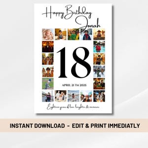 18th Birthday Photo Collage, Unique 18th Birthday Gift Idea, Printable Photo Template, Canva Customizable Design, Custom 18th Birthday