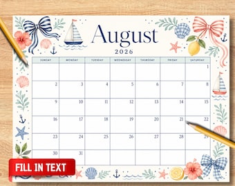 Calendario editable de agosto de 2026 en PDF, planificador imprimible de verano con temática náutica y costera, planificador rellenable para el hogar, la escuela y la oficina, descarga instantánea.
