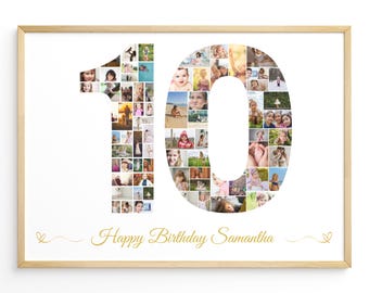 10th Birthday Photo Collage Poster: Editable Number 10 Canva Template, Custom Printable Digital Gift