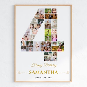 Editable 4th Birthday Photo Collage , Number 4 Milestone Poster, Fourth Birthday Sign, Custom Gift for Kids, Canva Template Printable